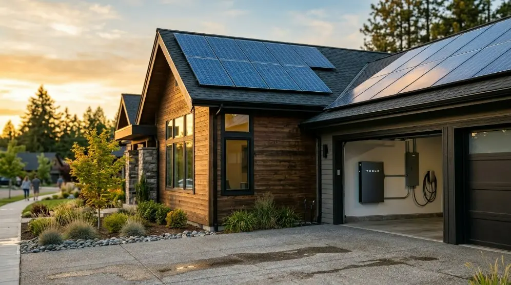 A modern American residential house with polycrystalline solar panels on the roof and a high-tech energy storage battery in the garage, 3d architectural render