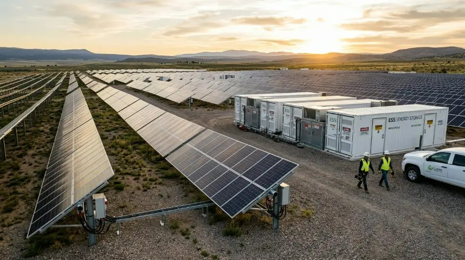 A wide-angle professional shot of a modern solar farm using monocrystalline panels integrated with large industrial battery storage containers