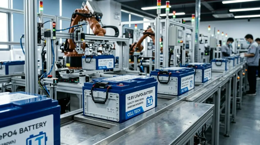 A high-tech automated production line in a Chinese factory manufacturing 12.8V LiFePO4 battery packs with blue and white casing, featuring smart monitoring logos.