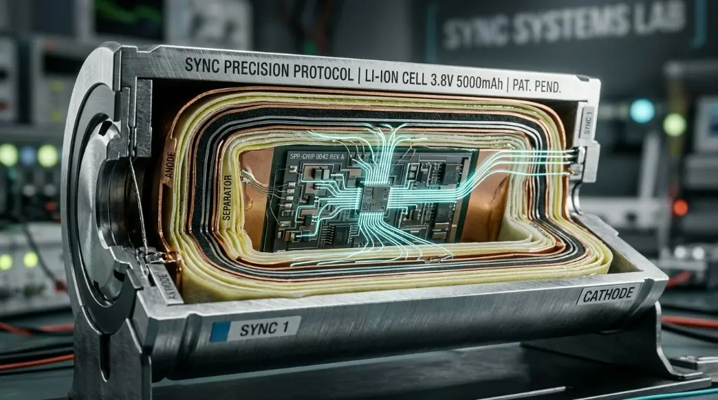 A detailed 3D schematic of a lithium ion battery cell showing the internal Sync Precision Protocol circuitry with glowing lines representing data flow.