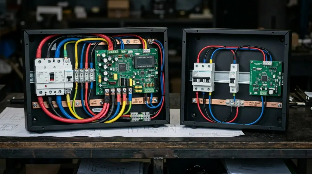 A high-contrast schematic and rendering of 3-Phase vs Single-Phase Smart PDU internal layouts, showing wiring structures and high-amperage breakers.